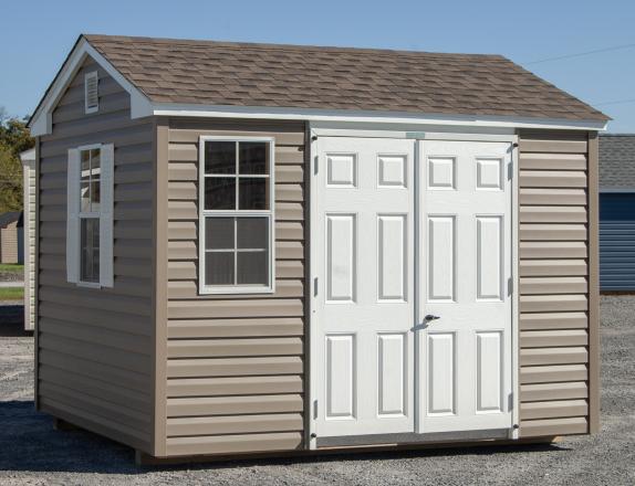 8x10 Peak Style Prefab Storage Shed with Java Brown Vinyl Siding and White Trim and Doors