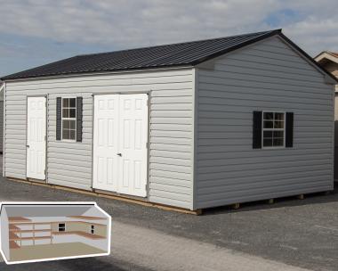 12x24 Peak Style Storage Shed with Vinyl Siding and Workshop Shelving Package